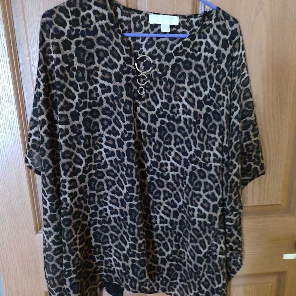 Michael kors leapoard sheer blouse triple ring top s/m